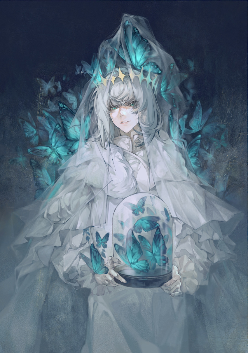 1boy absurdres aqua_butterfly aqua_eyes bug butterfly cloak crown diamond_hairband fate/grand_order fate_(series) fur-trimmed_cloak fur_trim grey_hair highres long_sleeves looking_at_viewer medium_hair oberon_(fate) oberon_(third_ascension)_(fate) open_mouth shimiru shirt white_shirt white_veil