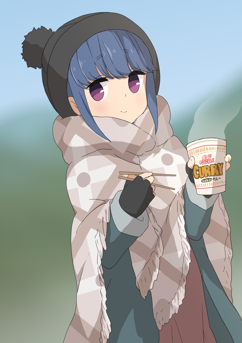 1girl absurdres black_gloves black_headwear blue_hair chopsticks closed_mouth coat commentary_request cup dress fingerless_gloves gloves green_coat highres holding holding_chopsticks holding_cup instant_ramen kicchi_(tmgk) open_clothes open_coat ramen red_dress scarf shima_rin sidelocks smile solo violet_eyes yurucamp