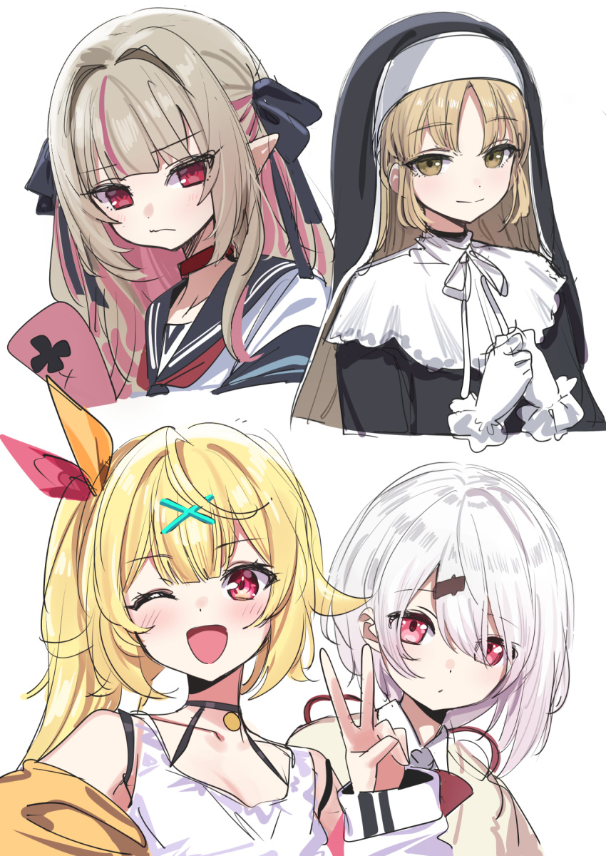 4girls ;o black_choker black_dress black_ribbon blonde_hair blunt_bangs blush brown_eyes cardigan choker closed_mouth collar deadnooodles dot_mouth dress gloves grey_hair habit hair_intakes hair_ornament hair_ribbon highres hoshikawa_sara light_brown_hair light_smile long_hair makaino_ririmu multicolored_hair multiple_girls neckerchief nijisanji nun one_eye_closed open_mouth pink_hair pointy_ears red_collar red_eyes red_neckerchief ribbon school_uniform serafuku shiina_yuika shirt side_ponytail sister_cleaire straight_hair streaked_hair tank_top two-tone_hair upper_body v virtual_youtuber white_gloves white_hair white_shirt x_hair_ornament yellow_cardigan