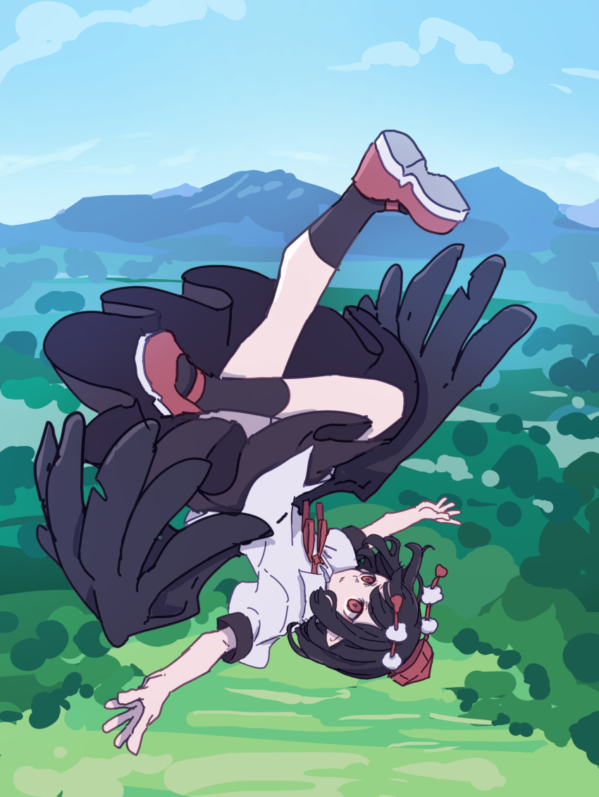 1girl absurdres bird_wings black_hair black_skirt black_socks black_wings collared_shirt day feathered_wings floating hat highres kame_(kamepan44231) outstretched_arms parted_lips pointy_ears pom_pom_(clothes) red_eyes red_footwear red_headwear shameimaru_aya shirt shoes short_hair short_sleeves skirt socks solo spread_arms tokin_hat touhou white_shirt wings