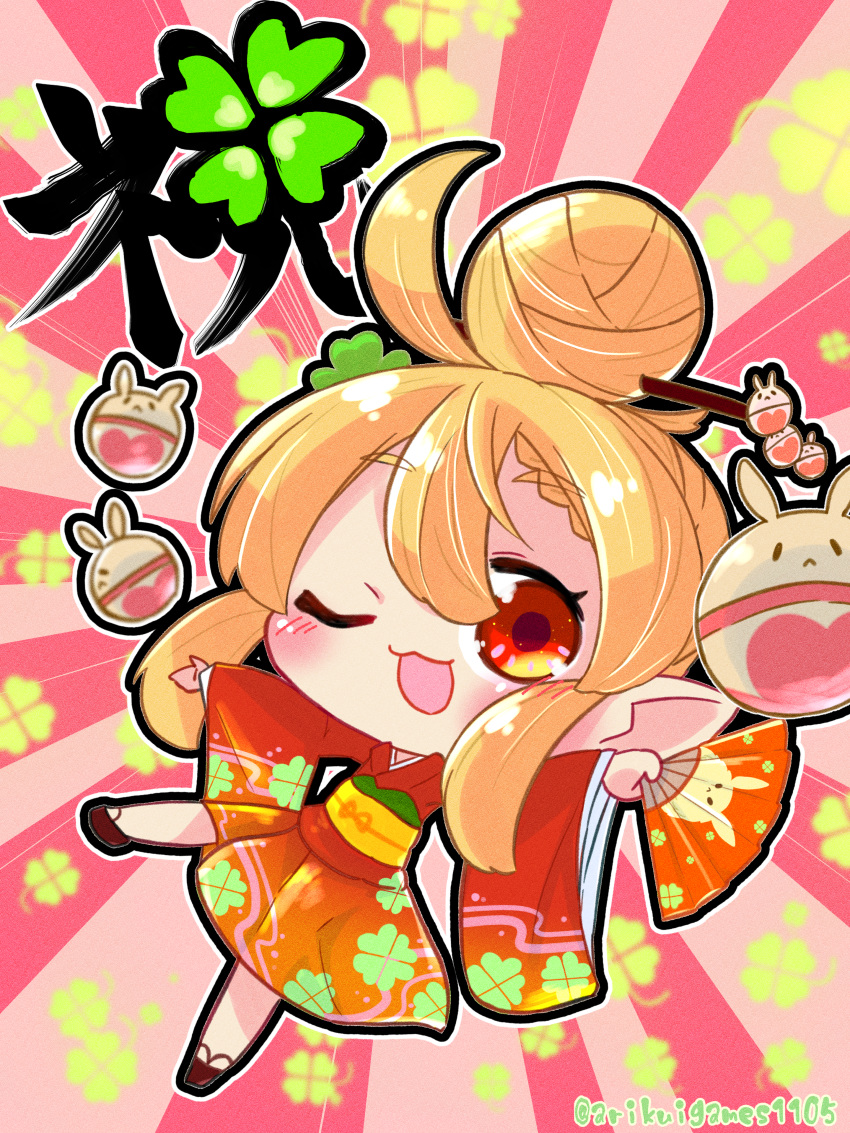 absurdres arikuigames1105 blonde_hair chibi clover clover_hair_ornament folding_fan four-leaf_clover genshin_impact hair_ornament hand_fan highres japanese_clothes kimono klee_(genshin_impact) one_eye_closed open_mouth orange_eyes orange_kimono outstretched_arms patterned_background spread_legs
