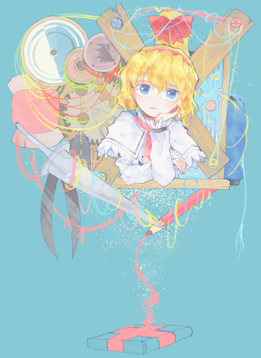 1girl alice_margatroid blonde_hair blue_dress blue_eyes book capelet colored_pencil dress fabric grimoire grimoire_of_alice hair_between_eyes hairband hand_on_own_face highres itomugi-kun lance long_sleeves looking_at_viewer open_mouth pencil polearm red_hairband shanghai_doll short_hair solo touhou upper_body weapon white_capelet