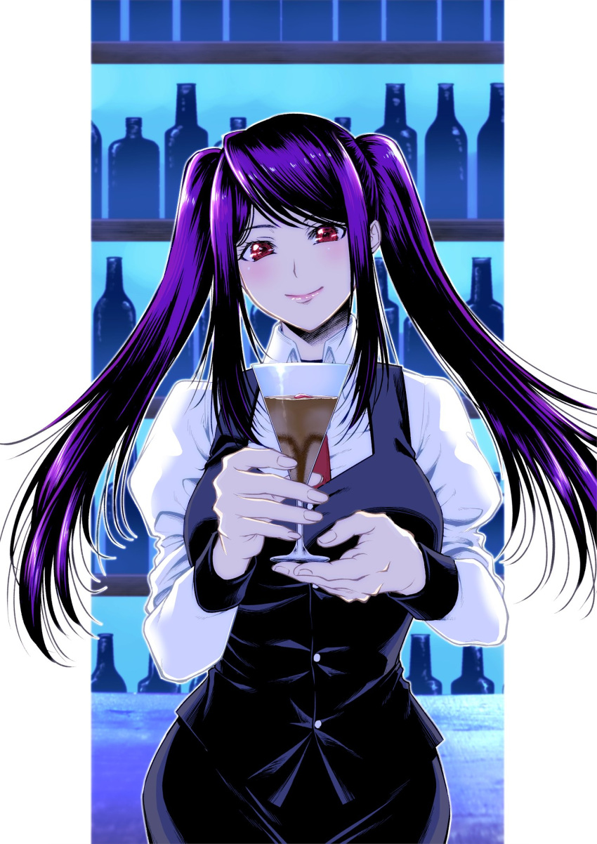 1girl an'no_natsume bar_(place) bartender blush cocktail cocktail_glass cup drinking_glass highres jill_stingray long_hair looking_at_viewer purple_hair red_eyes smile solo twintails va-11_hall-a white_day