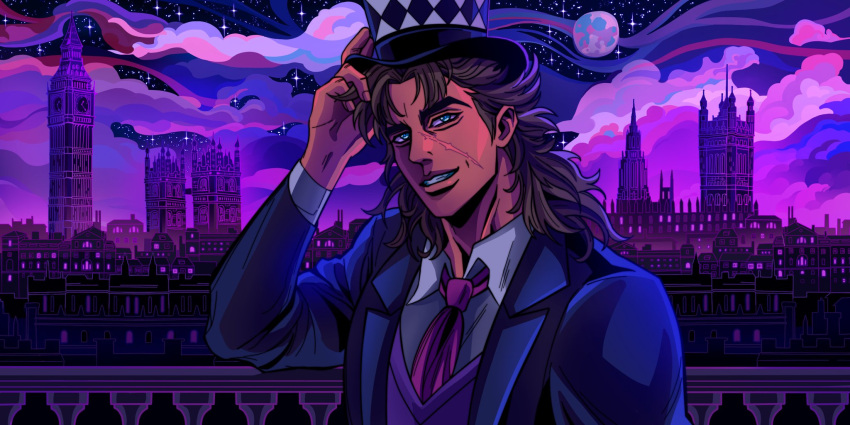 1boy clouds cloudy_sky elizabeth_tower full_moon hat highres jojo_no_kimyou_na_bouken london long_hair moon mrg_dm necktie night night_sky phantom_blood purple_theme robert_e._o._speedwagon scar scar_on_face sky solo star_(sky) starry_sky top_hat