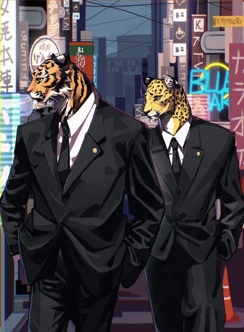 2boys animal_ears billboard black_necktie black_pants black_suit cigarette city closed_mouth collared_shirt cowboy_shot formal furry furry_male hands_in_pockets highres leopard_boy leopard_ears llishifu looking_to_the_side male_focus multiple_boys necktie neon_lights original outdoors pants shirt smoking solo standing suit tiger_boy tiger_ears walking whiskers white_shirt
