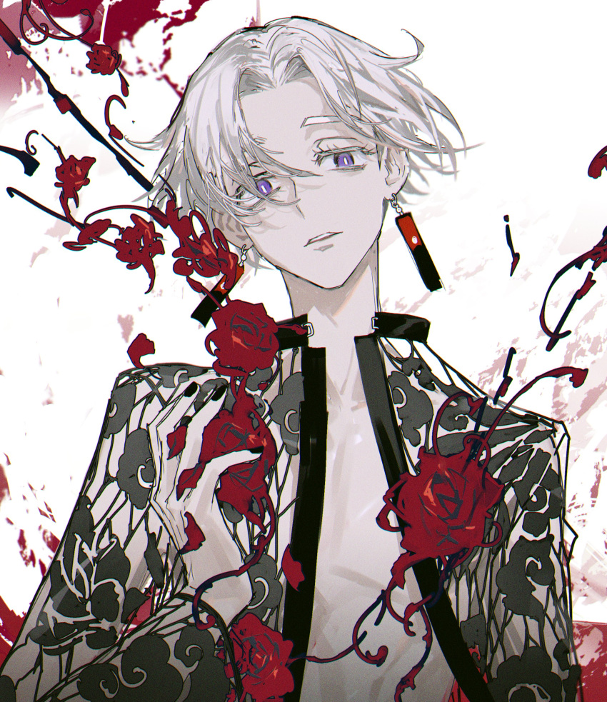 1boy absurdres black_jacket black_nails colored_eyelashes earrings flower hanafuda_earrings highres jacket jewelry kurokawa_izana looking_at_viewer male_focus open_clothes open_jacket parted_lips petals red_flower remsrar solo tokyo_revengers violet_eyes white_background white_hair