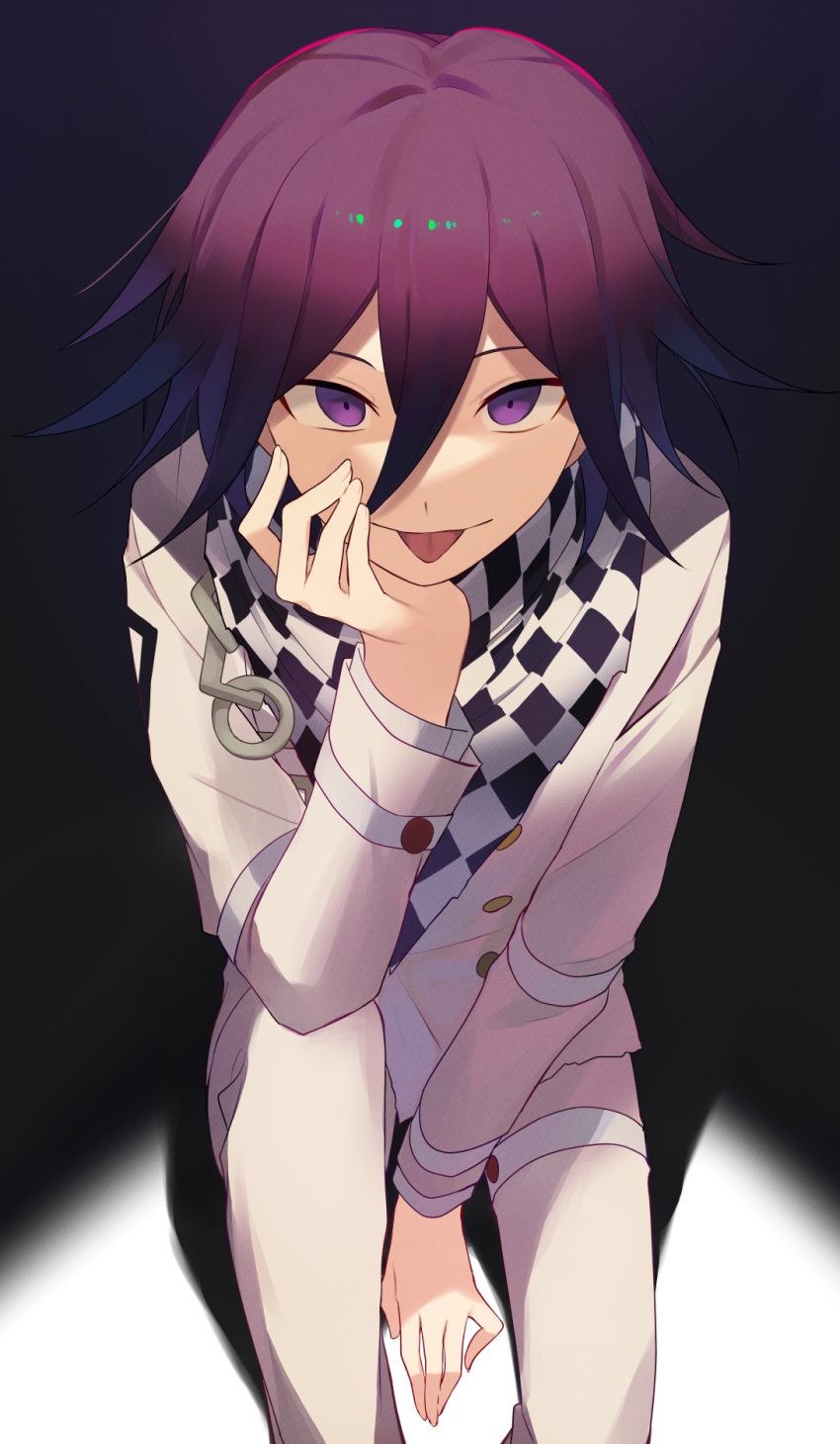 1boy :p black_hair buttons checkered_clothes checkered_scarf danganronpa_(series) danganronpa_v3:_killing_harmony double-breasted from_above grey_jacket grey_pants hair_between_eyes hand_on_own_chin highres jacket knee_up kuroto_(cfdg3537) long_sleeves looking_at_viewer male_focus multicolored_hair ouma_kokichi pants purple_hair scarf short_hair sitting smile tongue tongue_out two-tone_hair violet_eyes