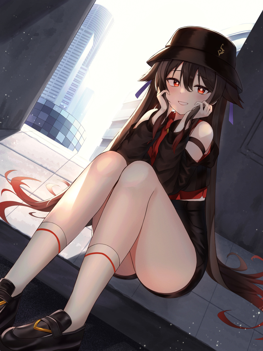 1girl absurdres alternate_costume bare_shoulders brown_hair casual city genshin_impact hamu_(hvmzld123) hand_in_own_hair hat highres hu_tao_(genshin_impact) legs red_eyes shorts socks solo symbol-shaped_pupils thighs twintails