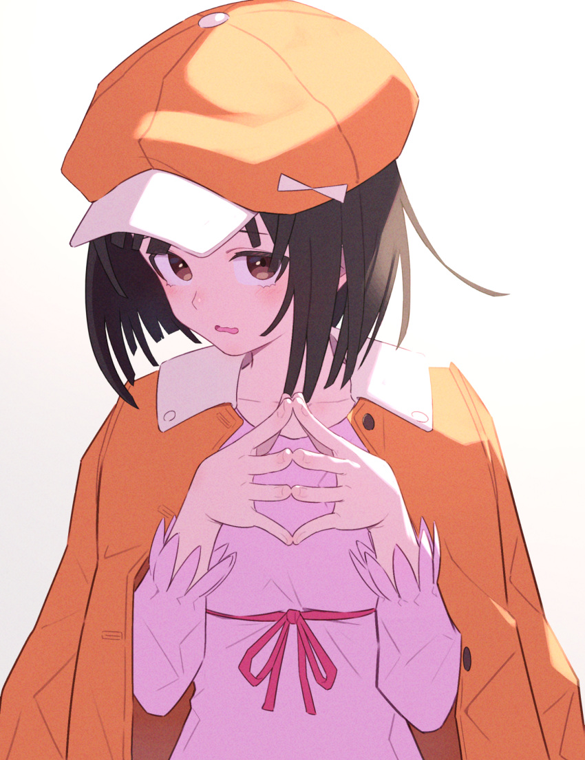 1girl bakemonogatari black_hair blunt_bangs blunt_ends brown_eyes cabbie_hat casual hat highres jacket jacket_on_shoulders long_sleeves looking_at_viewer medium_hair monogatari_(series) open_clothes open_jacket open_mouth orange_headwear orange_jacket pink_shirt sengoku_nadeko shade shimizu_tomoki shirt shy simple_background solo steepled_fingers sunlight upper_body wavy_mouth white_background