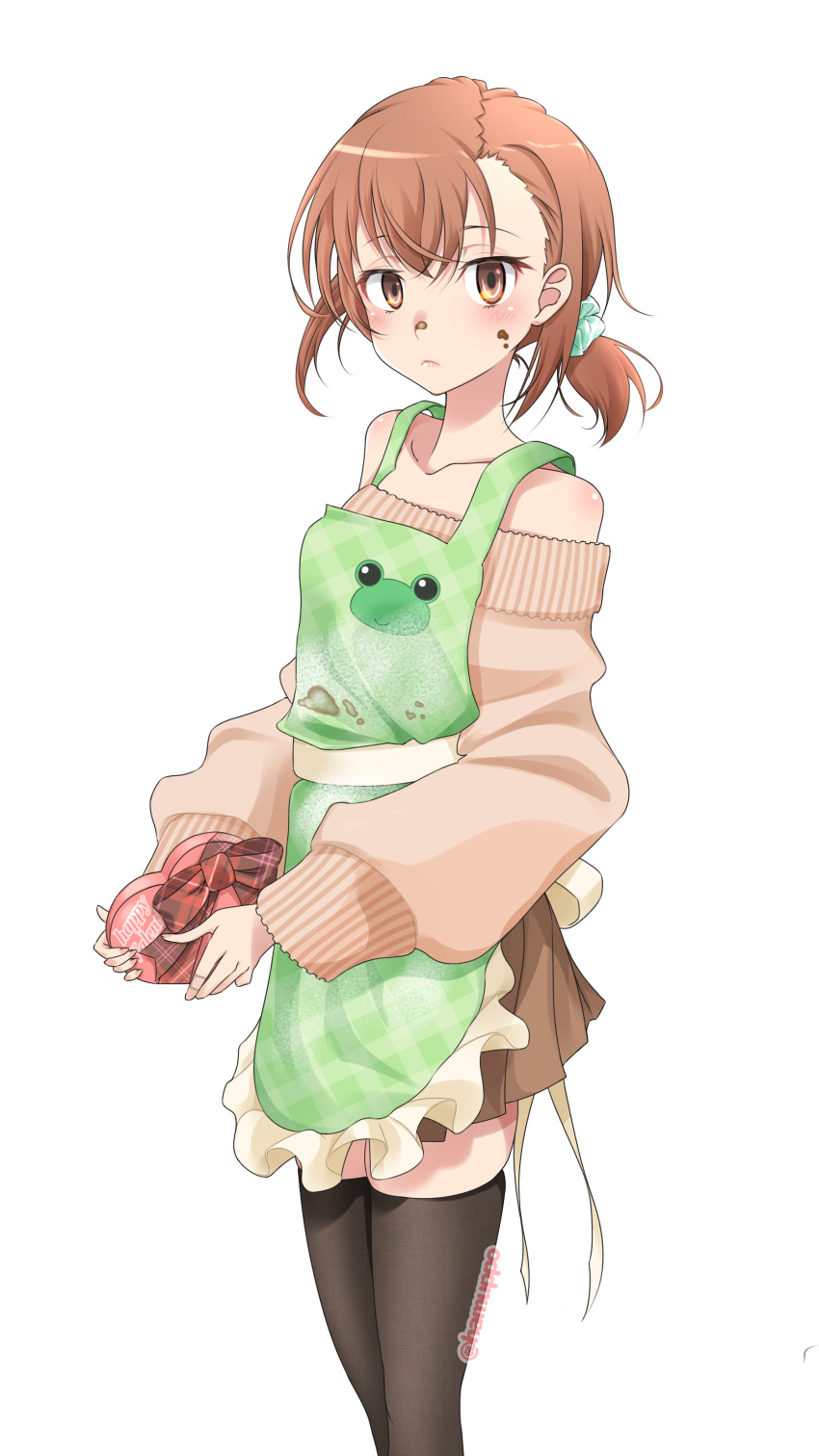 1girl absurdres apron black_thighhighs blank_eyes blush box brown_eyes brown_hair brown_skirt brown_sweater character_print checkered_apron checkered_clothes chocolate chocolate_on_face collarbone expressionless food food_on_face frilled_apron frills from_side gekota gift green_apron hair_ornament hair_scrunchie hamuppo heart-shaped_box highres holding holding_gift long_sleeves looking_at_viewer miniskirt misaka_imouto off-shoulder_sweater off_shoulder parted_bangs scrunchie short_ponytail sidelocks signature skirt solo standing sweater thigh-highs toaru_kagaku_no_railgun toaru_majutsu_no_index valentine white_background zettai_ryouiki