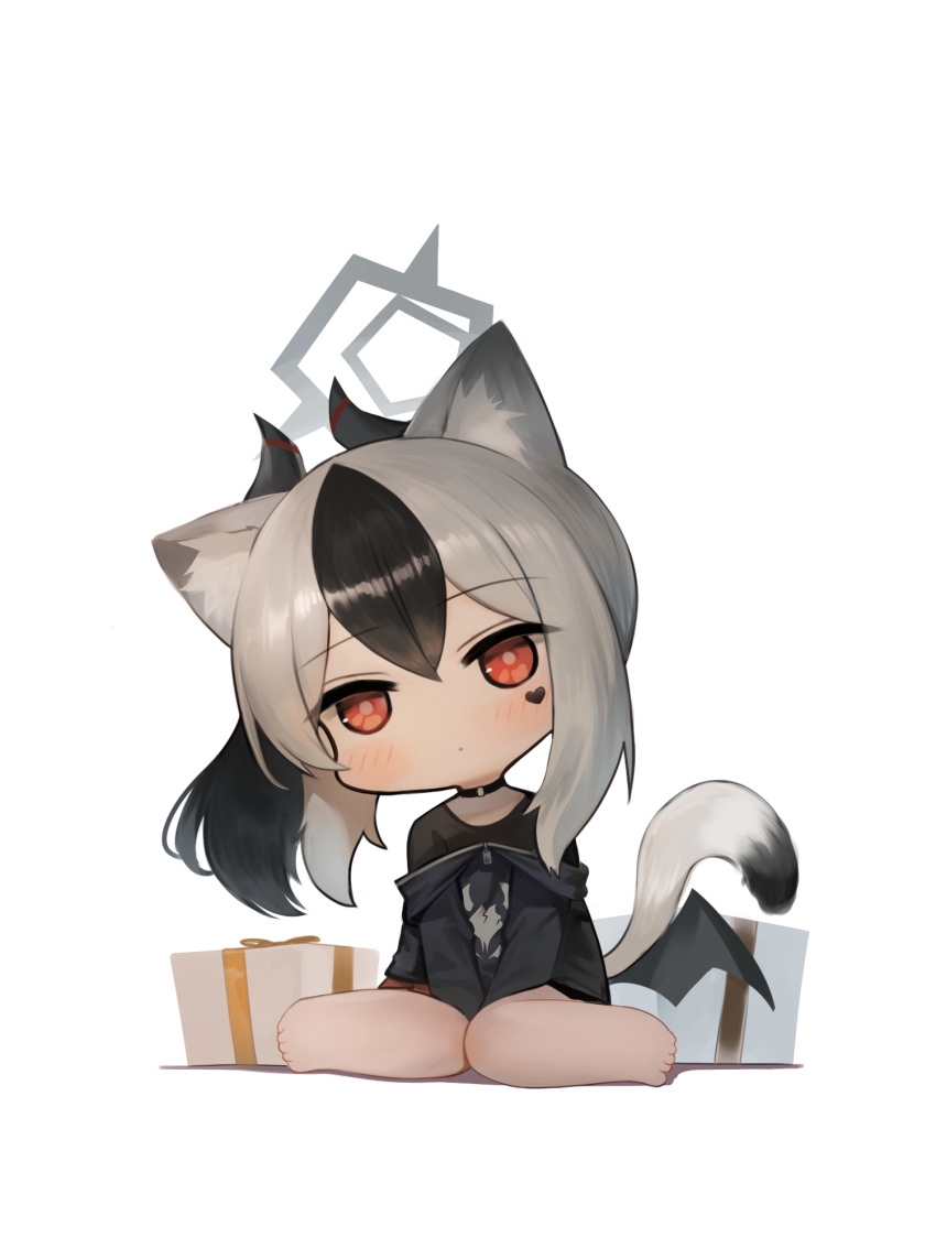 1girl animal_ear_fluff animal_ears barefoot black_hair black_hoodie black_shirt black_wings blue_archive blush cat_ears cat_girl cat_tail closed_mouth commentary_request dokomon facial_mark full_body grey_hair hair_between_eyes halo head_tilt heart highres hood hood_down hoodie horns kayoko_(blue_archive) korean_commentary looking_at_viewer low_wings multicolored_hair off_shoulder pleated_skirt ponytail purple_skirt red_eyes shadow shirt simple_background sitting skirt solo tail two-tone_hair wariza white_background wings