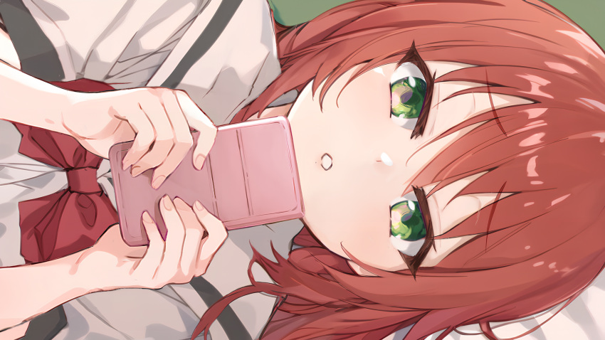 1girl ai-assisted aroused blush bocchi_the_rock! bow cellphone commentary_request fingernails furrowed_brow green_eyes hair_between_eyes hands_up head_on_pillow highres holding holding_phone kadohusa_ginpo kita_ikuyo long_hair looking_at_viewer lying on_side parted_lips phone red_bow redhead sailor_collar school_uniform shirt sidelocks smartphone solo white_sailor_collar white_shirt