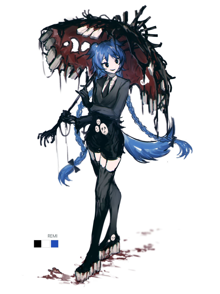 1girl black_bow black_eyes black_footwear black_gloves black_jacket black_shorts blood blue_hair boots bow braid e.g.o_(project_moon) employee_(lobotomy_corporation) extra_teeth garter_straps gloves hair_bow highres holding holding_umbrella jacket lobotomy_corporation long_hair low_twin_braids mask mask_removed mountain_of_smiling_bodies original platform_boots platform_footwear project_moon remsrar shorts smile solo thigh_boots twin_braids twintails two_side_up umbrella very_long_hair