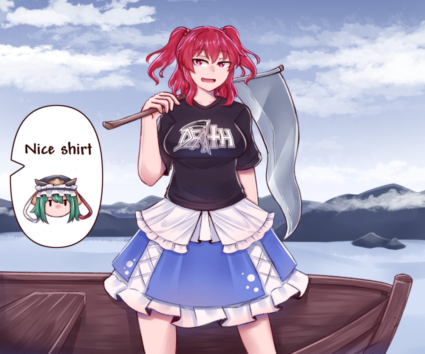 1girl averageairhead black_shirt boat breasts clothes_writing clouds commentary commission english_commentary green_hair highres holding holding_scythe ichinose_shiki large_breasts looking_at_viewer mountain onozuka_komachi open_mouth outdoors red_eyes redhead scythe shiki_eiki shirt short_hair sky solo standing touhou two_side_up water watercraft