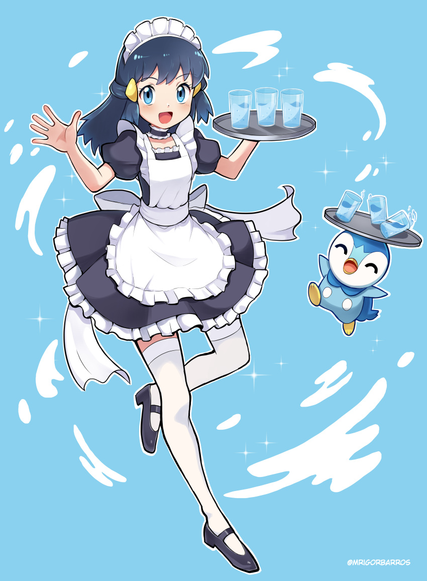 1girl :d absurdres alternate_costume apron black_dress black_footwear black_hair blue_background blue_eyes blush commentary dress enmaided eyelashes frills glass hair_ornament hairclip hands_up highres hikari_(pokemon) holding holding_tray long_hair looking_at_viewer maid maid_headdress mr.thunderigor open_mouth piplup pokemon pokemon_(anime) pokemon_dppt_(anime) puffy_sleeves shoes short_sleeves sidelocks smile sparkle symbol-only_commentary thigh-highs tray w_arms watermark white_apron white_thighhighs