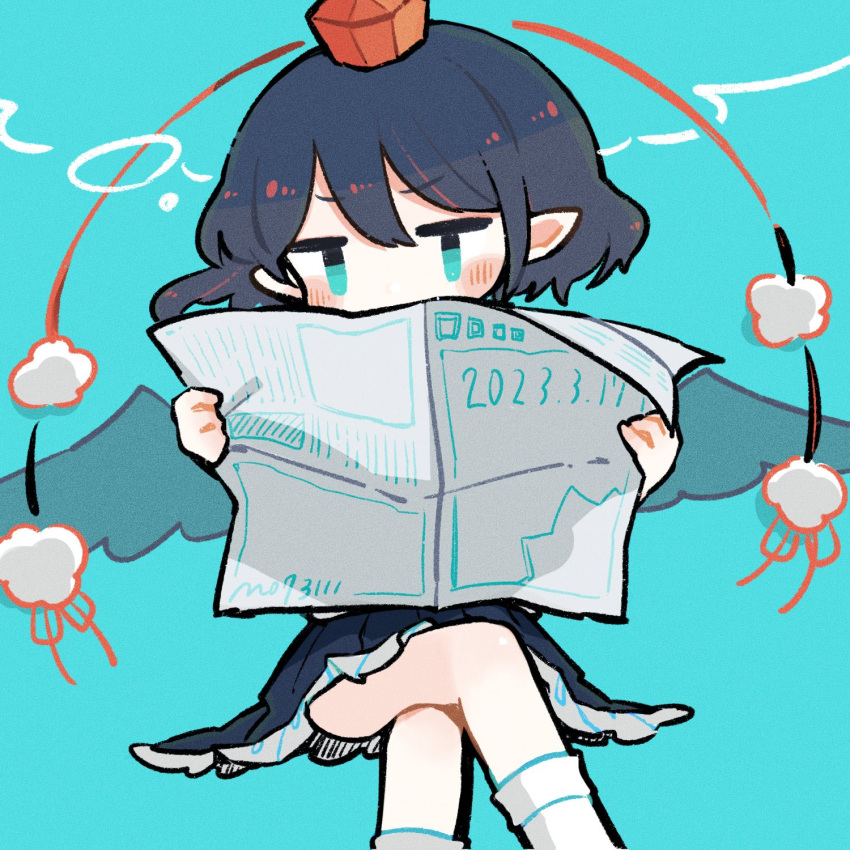 1girl alternate_eye_color aqua_background aqua_eyes bird_wings black_hair black_skirt black_wings crossed_legs dated feathered_wings hat highres holding holding_newspaper m_(m073111) newspaper pom_pom_(clothes) red_headwear shameimaru_aya short_hair signature simple_background skirt solo tokin_hat touhou twitter_username wings