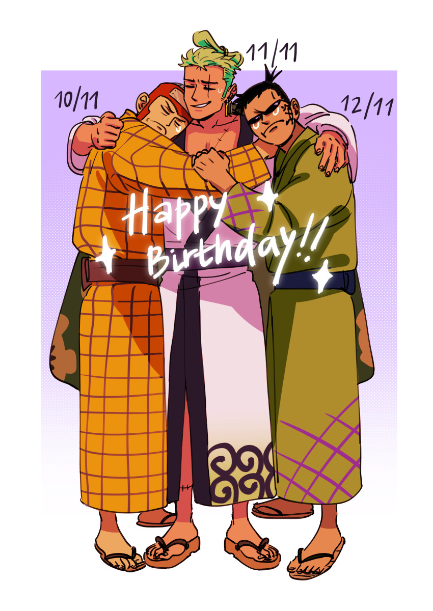 3boys absurdres bald black_hair closed_eyes crying earrings english_text full_body green_hair happy_birthday highres hug japanese_clothes jewelry johnny_(one_piece) kimpimpam multiple_boys one_piece roronoa_zoro sandals scar scar_across_eye short_hair sunglasses yosaku_(one_piece)