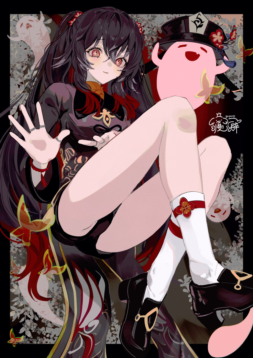 1girl absurdres bare_legs bead_bracelet beads black_shorts boo_tao_(genshin_impact) bracelet chinese_clothes closed_eyes flower full_body genshin_impact ghost gmpoo93 hand_up hat highres hoes hu_tao_(genshin_impact) jewelry legs long_sleeves plum_blossoms porkpie_hat ring shorts smile socks symbol-shaped_pupils thighs twintails waving
