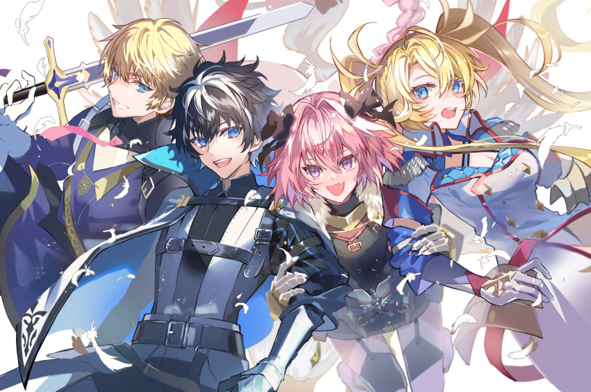 1girl 3boys ahoge astolfo_(fate) blonde_hair blue_eyes bow bradamante_(fate) cape charlemagne_(fate) coat durandal_(fate) fang fate/grand_order fate_(series) feathers garter_straps gauntlets hair_bow highres holding holding_sword holding_weapon multiple_boys necktie pink_hair pink_necktie poppoman roland_(fate) sword thigh-highs twintails violet_eyes weapon white_cape white_coat