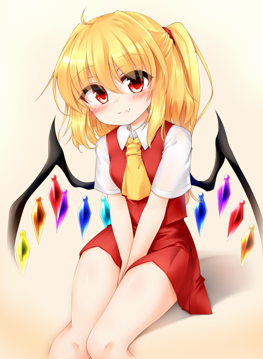 1girl ahoge ascot blonde_hair blush breasts fang fang_out flandre_scarlet hair_between_eyes hands_on_lap highres knees_together_feet_apart light_smile looking_at_viewer marukyuu_ameya medium_hair no_headwear red_eyes sitting skin_fang skirt skirt_set small_breasts solo thighs touhou v_arms wings