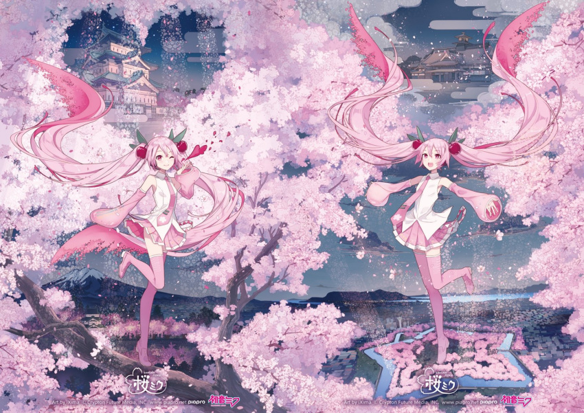 2girls absurdly_long_hair aomori_prefecture architecture belt branch castle cherry_blossom_print cherry_blossoms cherry_hair_ornament clone closed_mouth clouds commentary crypton_future_media detached_sleeves east_asian_architecture falling_petals floating_hair floral_print flower food-themed_hair_ornament full_body goryoukaku hair_ornament hair_petal hakodate_(city) hatsune_miku heart hirosaki_castle ixima leg_up long_hair looking_at_viewer mansion miniskirt moat mountainous_horizon multiple_girls necktie ocean official_art one_eye_closed open_mouth outstretched_arms petals piano_print piapro pink_eyes pink_flower pink_hair pink_necktie pink_skirt pink_sleeves pink_theme pink_thighhighs pleated_skirt river sakura_miku second-party_source shirt skirt sleeveless sleeveless_shirt sleeves_past_wrists smile solo standing standing_on_one_leg star_(symbol) thigh-highs tie_clip tree very_long_hair vocaloid white_shirt zettai_ryouiki