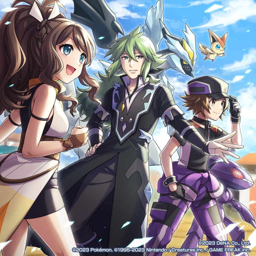 1girl 2boys :d black_kyurem brown_hair closed_mouth clouds coat commentary crossed_bangs day english_commentary eyelashes genesect gloves green_hair hair_between_eyes hand_on_headwear hand_on_hip hand_up highres hilbert_(pokemon) hilbert_(sygna_suit)_(pokemon) hilda_(pokemon) hilda_(sygna_suit)_(pokemon) jewelry kyurem long_hair mono_land multiple_boys n_(pokemon) n_(sygna_suit)_(pokemon) necklace official_alternate_costume official_art open_mouth outdoors parted_lips pokemon pokemon_(creature) pokemon_(game) pokemon_masters_ex short_hair shorts sidelocks sky smile standing victini watermark