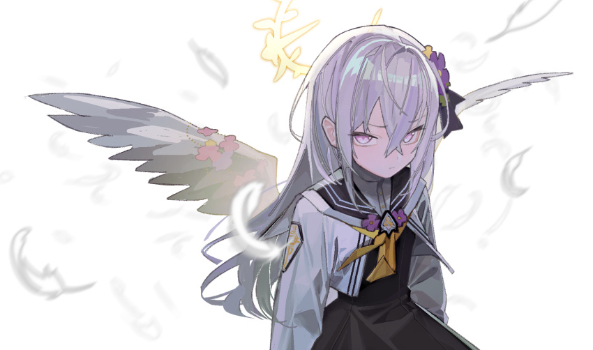 1girl angel_wings azusa_(blue_archive) black_dress blue_archive dress falling_feathers grey_hair halo highres jacket long_hair saaal653 sailor_collar solo violet_eyes white_background white_jacket wings