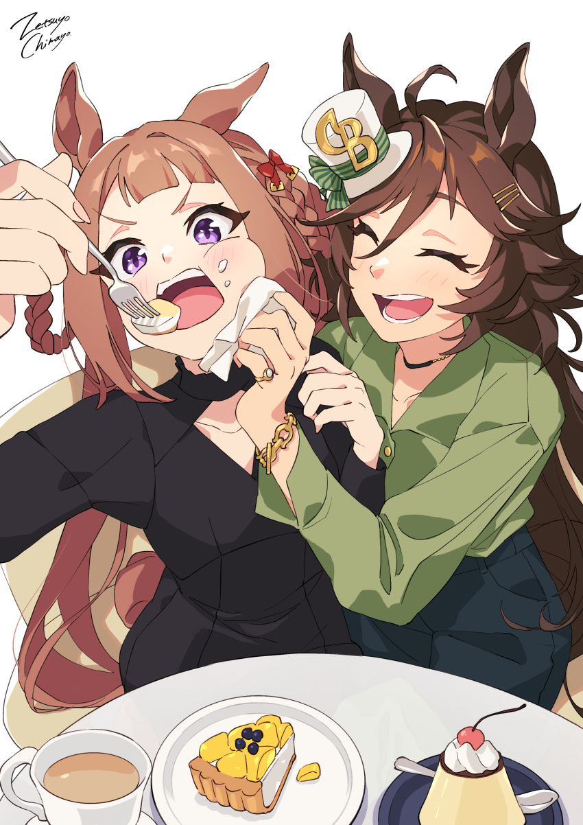 2girls absurdres ahoge animal_ears artist_name black_dress blush breasts brown_hair collared_shirt cup dress eating food food_on_face fork green_eyes hair_ornament hair_rings hairclip hat highres holding holding_fork horse_ears jewelry long_hair long_sleeves mini_hat mini_top_hat mr._c.b._(umamusume) multiple_girls napkin necklace open_mouth pants pie pudding ring shirt sitting smile sweep_tosho_(umamusume) table teacup top_hat umamusume v-shaped_eyebrows white_background wiping_face zetsuyo_chimayo