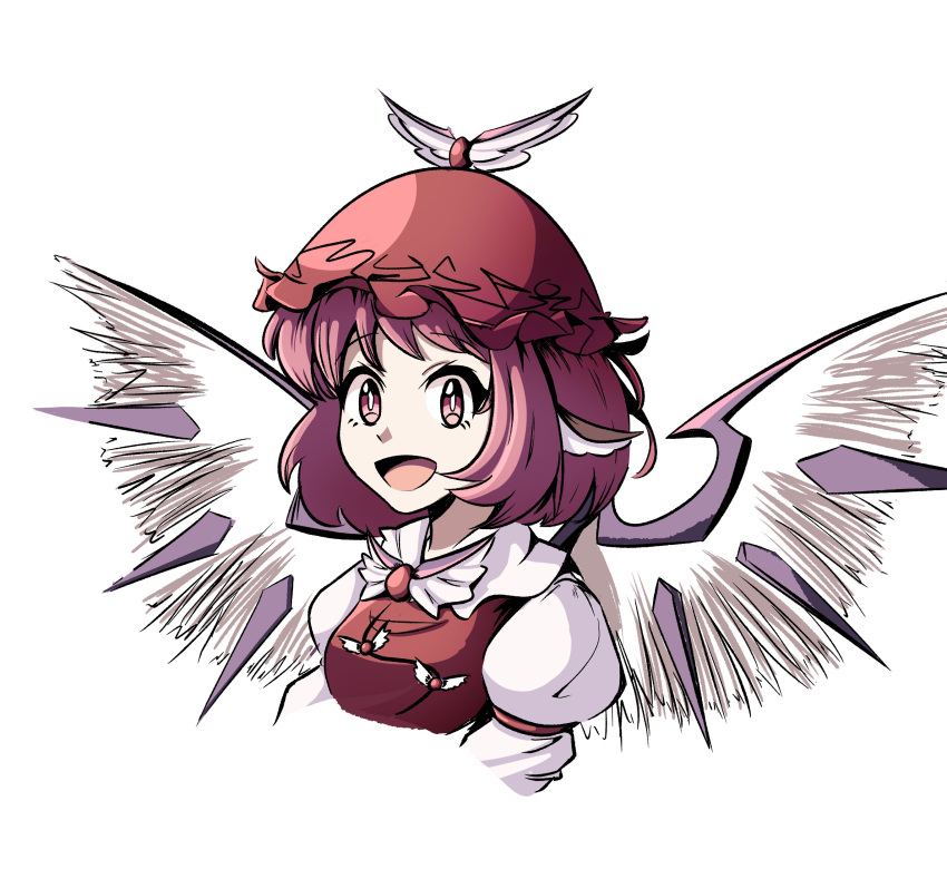 1girl absurdres animal_ears bird_ears bird_wings brown_headwear commentary cropped_torso english_commentary highres ja_moth looking_at_viewer mystia_lorelei open_mouth panties pink_eyes pink_hair short_hair simple_background solo touhou underwear upper_body white_background white_panties white_wings winged_hat wings