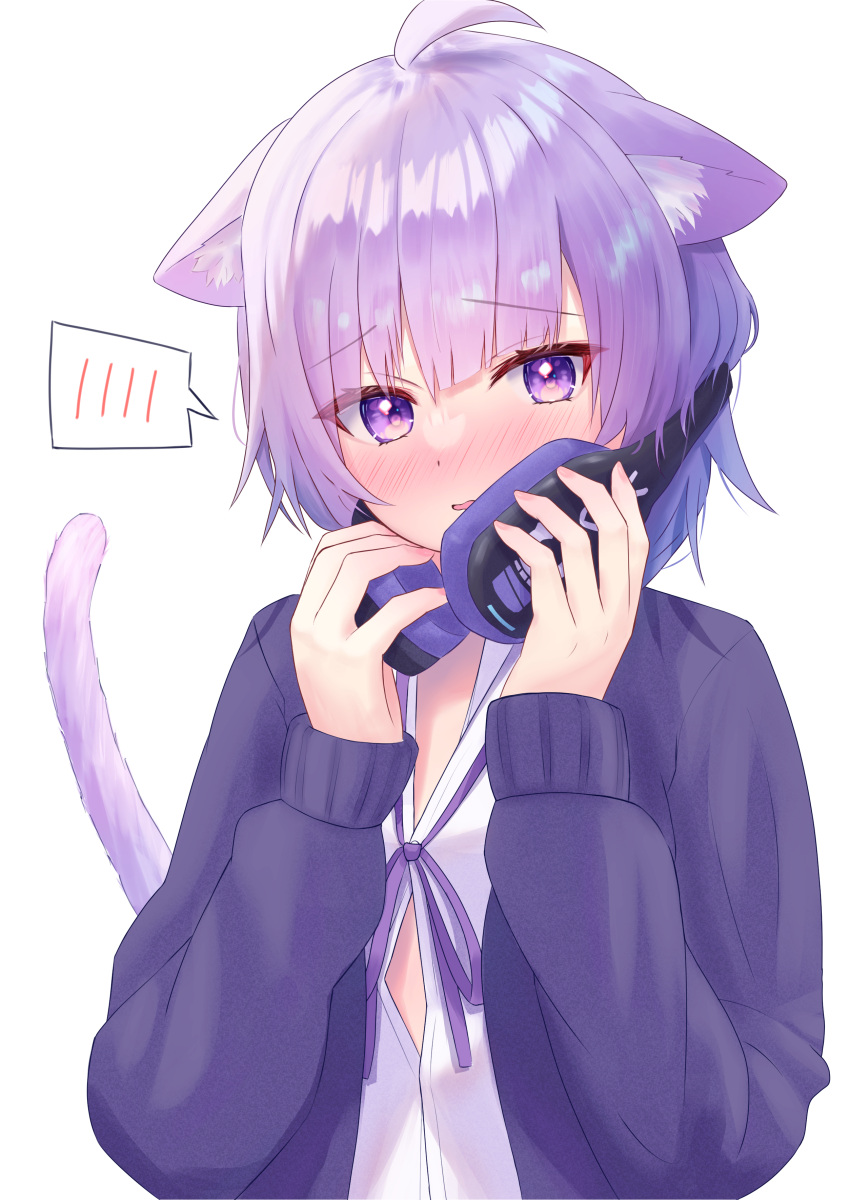 1girl absurdres ahoge animal_ear_fluff animal_ears blunt_bangs blush cardigan cat_ears cat_girl cat_tail commentary_request covering_mouth embarrassed eyelashes facing_viewer full-face_blush hands_up headphones headphones_around_neck highres holding holding_headphones hololive looking_at_viewer nekomata_okayu open_cardigan open_clothes open_mouth purple_fur purple_hair purple_ribbon purple_sweater ribbon shirt short_hair shy simple_background solo spoken_blush sweater tail togemaru34 upper_body violet_eyes virtual_youtuber white_background white_shirt