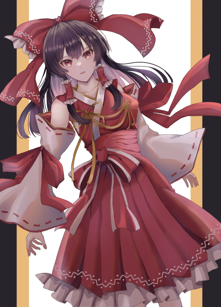 1girl black_hair bow collarbone commentary cowboy_shot detached_sleeves erisauria frilled_bow frilled_hair_tubes frilled_skirt frills hair_bow hair_tubes hakurei_reimu highres long_hair looking_at_viewer parted_lips red_bow red_eyes red_skirt red_vest ribbon ribbon-trimmed_sleeves ribbon_trim sarashi sidelocks skirt skirt_set touhou vest white_sleeves wide_sleeves yellow_ribbon