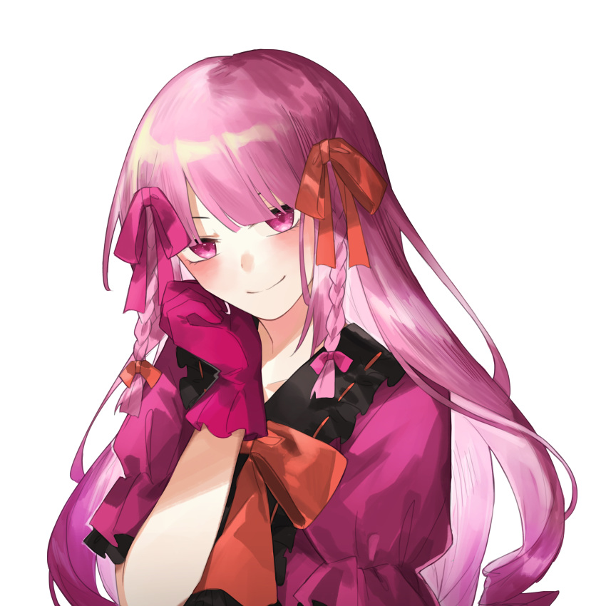 1girl absurdres bamu_(bamu0504) blunt_bangs blush bow braid dress dress_bow frills gloves hair_ribbon hand_on_own_cheek hand_on_own_face head_tilt highres long_hair looking_at_viewer orange_bow orange_ribbon pink_dress pink_eyes pink_gloves pink_hair pink_ribbon puffy_short_sleeves puffy_sleeves ribbon short_sleeves side_braids simple_background smile solo upper_body white_background witch's_heart zizel_(witch's_heart)