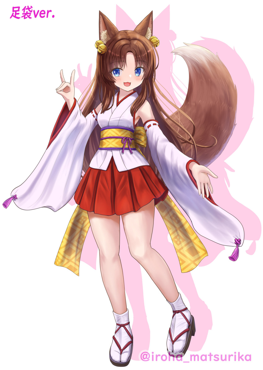 1girl :d absurdres animal_ear_fluff animal_ears bare_shoulders bell black_footwear blue_eyes blush brown_hair colored_shadow detached_sleeves drop_shadow fox_ears fox_girl fox_shadow_puppet fox_tail full_body hair_bell hair_ornament hakama hakama_short_skirt hakama_skirt highres iroha_(iroha_matsurika) japanese_clothes jingle_bell kimono long_hair long_sleeves miko original parted_bangs red_hakama ribbon-trimmed_sleeves ribbon_trim shadow skirt sleeveless sleeveless_kimono smile socks solo tabi tail translation_request very_long_hair white_kimono white_sleeves white_socks wide_sleeves zouri