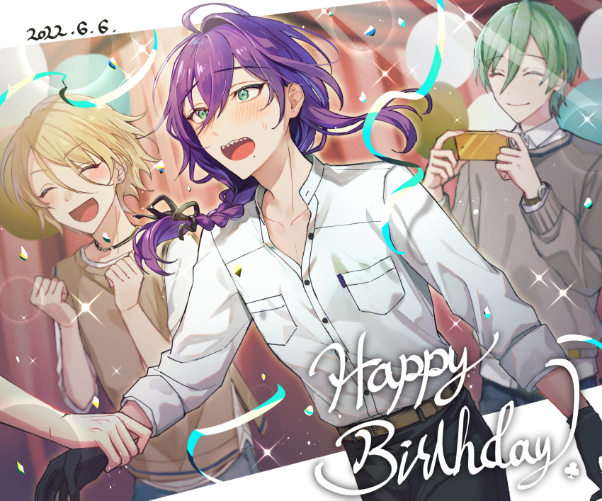 1other 2022 3boys ahoge aqua_eyes ayase_mayoi blonde_hair blush braid cellphone_picture closed_eyes closed_mouth dated ensemble_stars! green_hair happy_birthday highres holding holding_phone iron_yana kazehaya_tatsumi long_hair multiple_boys open_mouth phone purple_hair sharp_teeth shiratori_aira_(ensemble_stars!) teeth