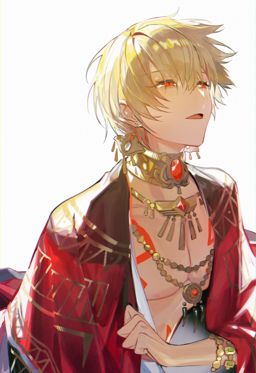 1boy absurdres blonde_hair bracelet earrings fate/grand_order fate_(series) gilgamesh_(fate) gilgamesh_(sumerian_garb)_(fate) hair_between_eyes highres jewelry kiki7 long_sleeves looking_away looking_up male_focus necklace official_alternate_costume open_mouth pectorals red_eyes short_hair simple_background solo tattoo toned toned_male upper_body white_background