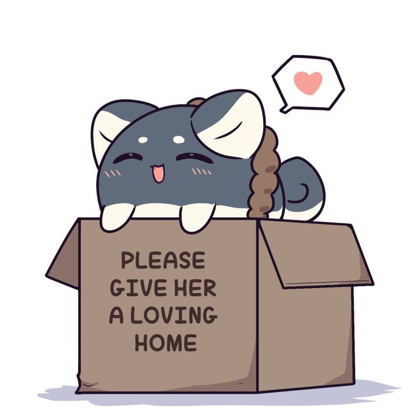 1girl :d animalization arknights blush box cardboard_box chibi closed_eyes dragon_bubble_(arknights) english_commentary english_text for_adoption heart highres in_box in_container kurotofu open_mouth saga_(arknights) shiba_inu smile spoken_heart