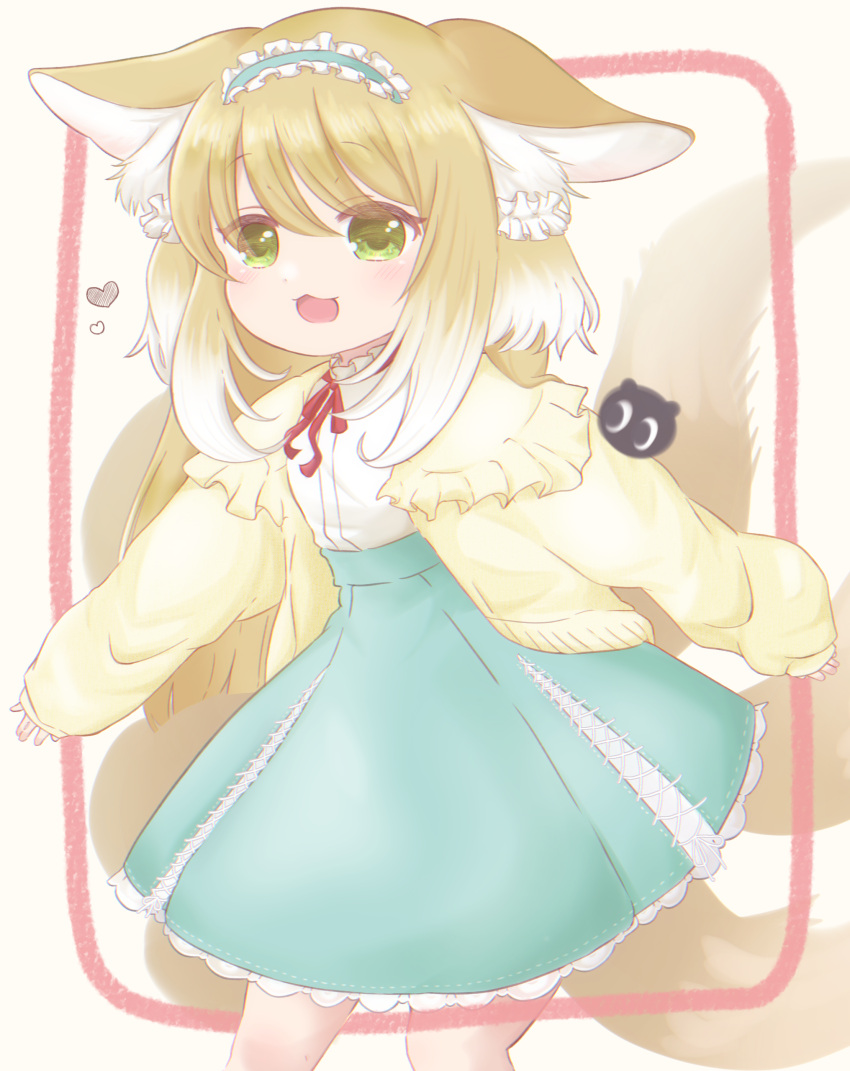 1girl absurdres animal_ear_fluff animal_ears arknights blonde_hair blue_hairband blue_skirt cardigan commission commissioner_upload feet_out_of_frame fox_ears fox_girl fox_tail frilled_hairband frills green_eyes hairband heart heixiu highres kitsune kuma_desuyan kyuubi multiple_tails neck_ribbon non-web_source official_alternate_costume open_cardigan open_clothes open_mouth red_ribbon ribbon shirt skeb_commission skirt sleeves_past_wrists solo stitches suzuran_(arknights) suzuran_(spring_praise)_(arknights) tail the_legend_of_luo_xiaohei white_shirt yellow_cardigan