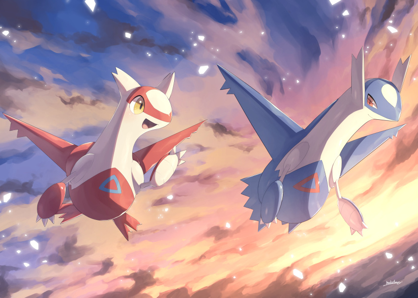 :d claws closed_mouth clouds commentary_request flying highres latias latios makoto_ikemu no_humans open_mouth outdoors pokemon pokemon_(creature) sky smile tongue twilight yellow_eyes