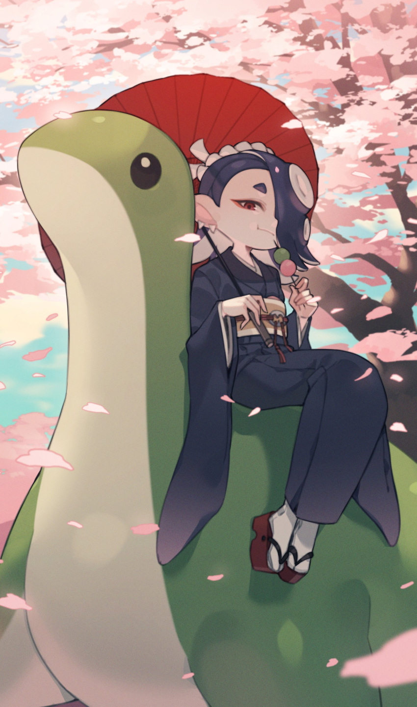 1girl absurdres apex_legends blue_hair blue_kimono cherry_blossoms crossover dango day eating food food_in_mouth hair_over_one_eye highres japanese_clothes kimono long_sleeves looking_at_viewer nessie_(respawn) oil-paper_umbrella outdoors petals prat_rat red_eyes sandals sanshoku_dango shiver_(splatoon) sitting splatoon_(series) splatoon_3 tentacle_hair umbrella wagashi wide_sleeves
