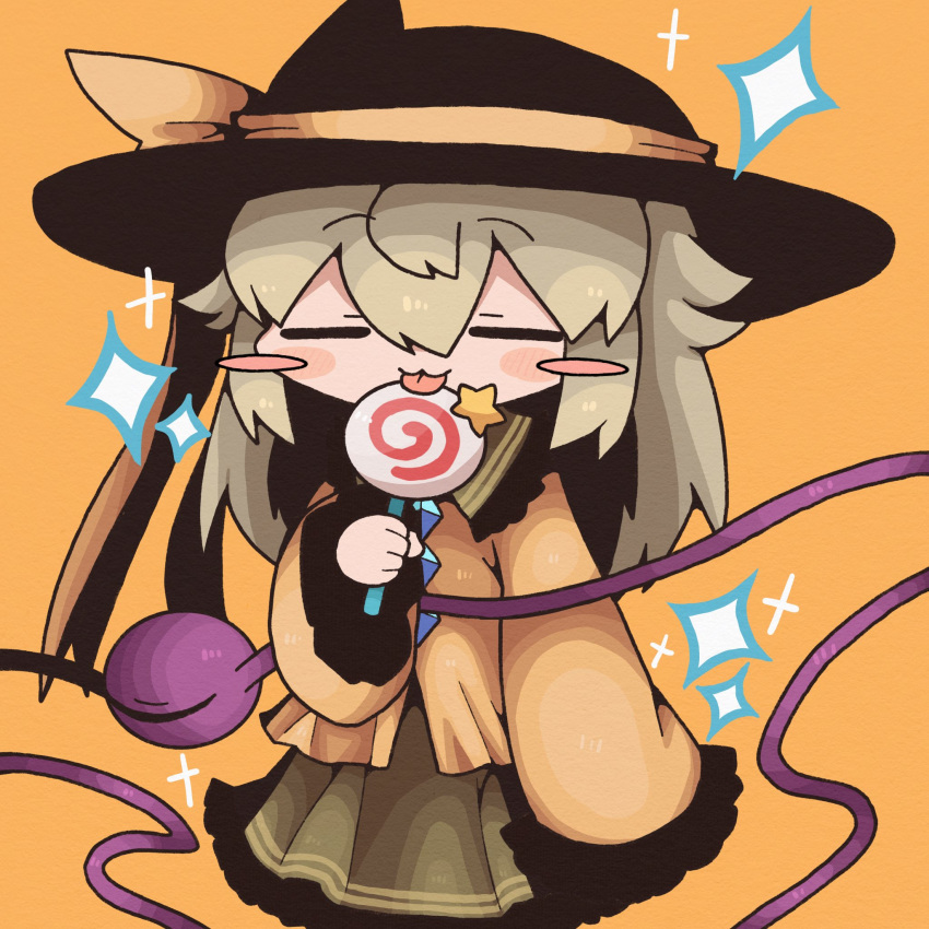 1girl black_headwear blush bow candy cardigan closed_eyes food green_hair green_skirt highres holding holding_candy holding_food komeiji_koishi licking lollipop long_hair simple_background skirt solo solo_focus sparkle_background touhou yellow_background yellow_cardigan zunusama