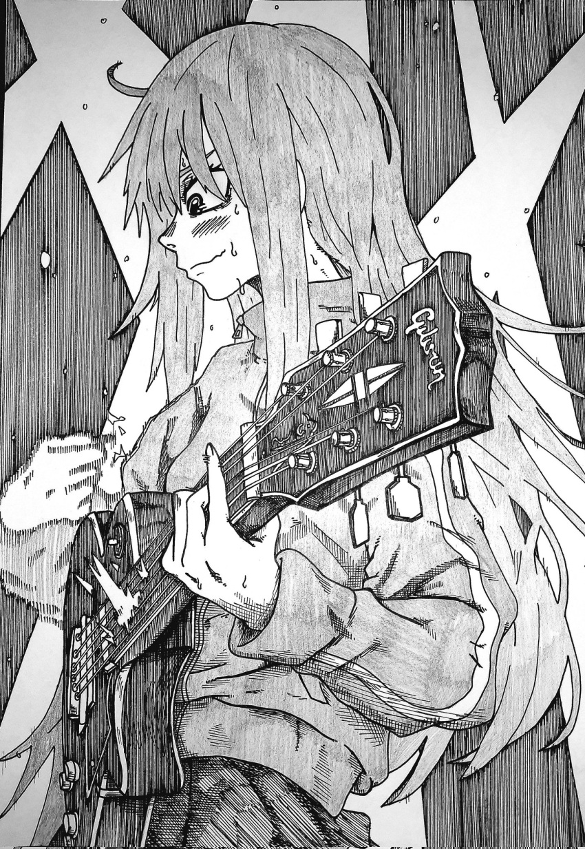 1girl blush bocchi_the_rock! closed_mouth eindrawppsn gotou_hitori guitar hatching_(texture) highres holding holding_instrument instrument jacket long_hair monochrome music playing_instrument skirt speed_lines spotlight sweat sweatdrop track_jacket traditional_media