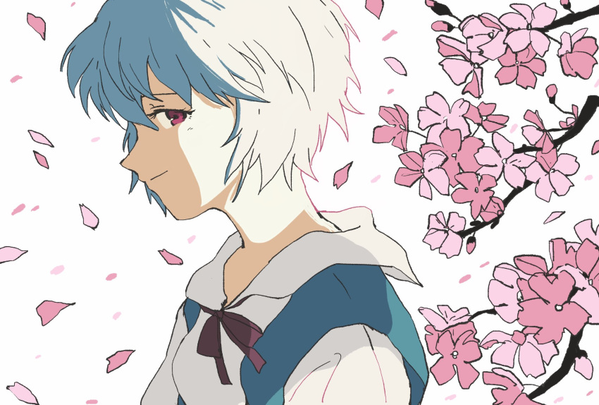 1girl ayanami_rei blue_eyes cherry_blossoms closed_mouth highres neon_genesis_evangelion red_eyes red_ribbon ribbon school_uniform shiso7110 short_hair simple_background smile solo tokyo-3_middle_school_uniform tree white_background