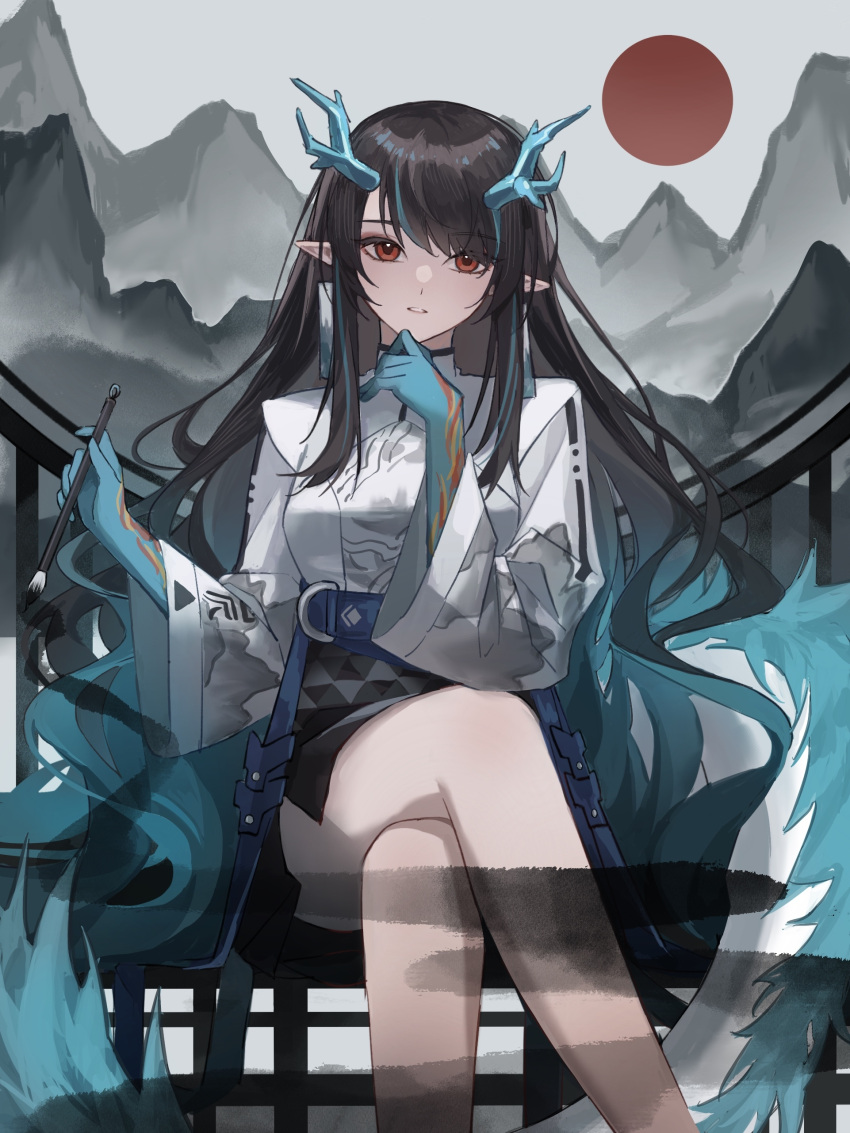 1girl absurdres ambience_synesthesia arknights black_hair black_skirt blue_hair blue_skin chinese_commentary colored_skin commentary_request crossed_legs dragon_horns dusk_(arknights) earrings feet_out_of_frame hands_up highres holding holding_paintbrush horns jewelry long_hair long_sleeves looking_at_viewer multicolored_hair official_alternate_costume paintbrush parted_lips pointy_ears red_eyes shirt skirt solo streaked_hair weimeizi white_shirt wide_sleeves