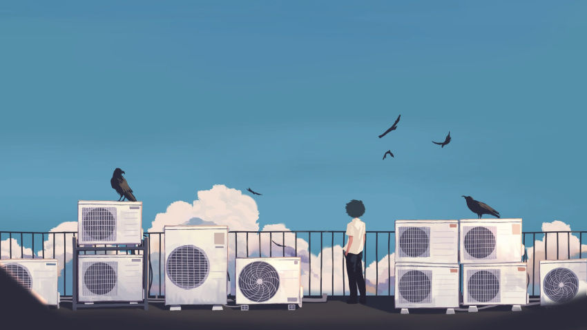 1boy air_conditioner bird black_pants blue_hair blue_sky clouds commentary_request crow day facing_away flying highres original outdoors pants railing rooftop scenery shirt short_hair short_sleeves sky solo standing taizo4282 white_shirt wide_shot