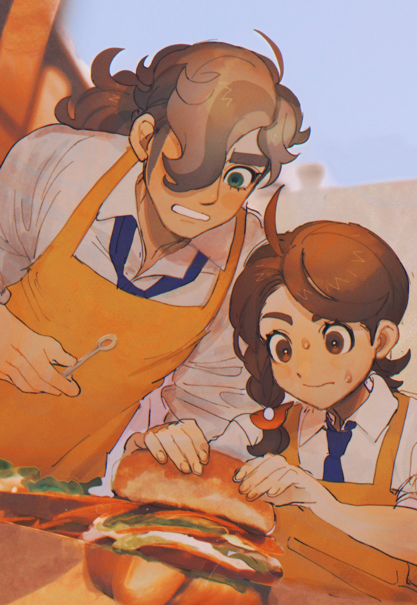 1boy 1girl absurdres ahoge apron arven_(pokemon) braid bread brown_eyes brown_hair closed_mouth collared_shirt commentary_request concentrating eyelashes food green_eyes hair_over_one_eye highres holding holding_food holding_skewer juliana_(pokemon) long_hair looking_down necktie pokemon pokemon_(game) pokemon_sv sandwich shirt skewer sweat table thxzmgn white_shirt