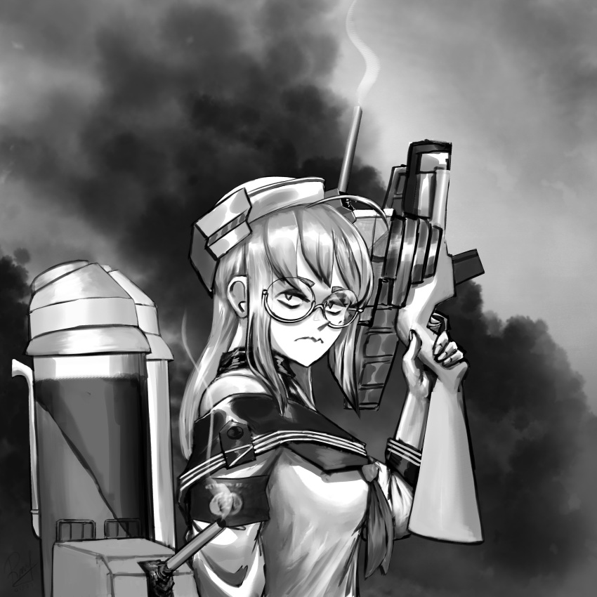 1girl absurdres ahoge breasts closed_mouth english_commentary glasses greyscale gun hat headgear heywood_l._edwards_(kancolle) highres holding holding_gun holding_weapon kantai_collection long_hair looking_at_viewer medium_breasts monochrome neckerchief rigging ron_(pixiv83091338) round_eyewear sailor_collar smoke turret upper_body wavy_mouth weapon