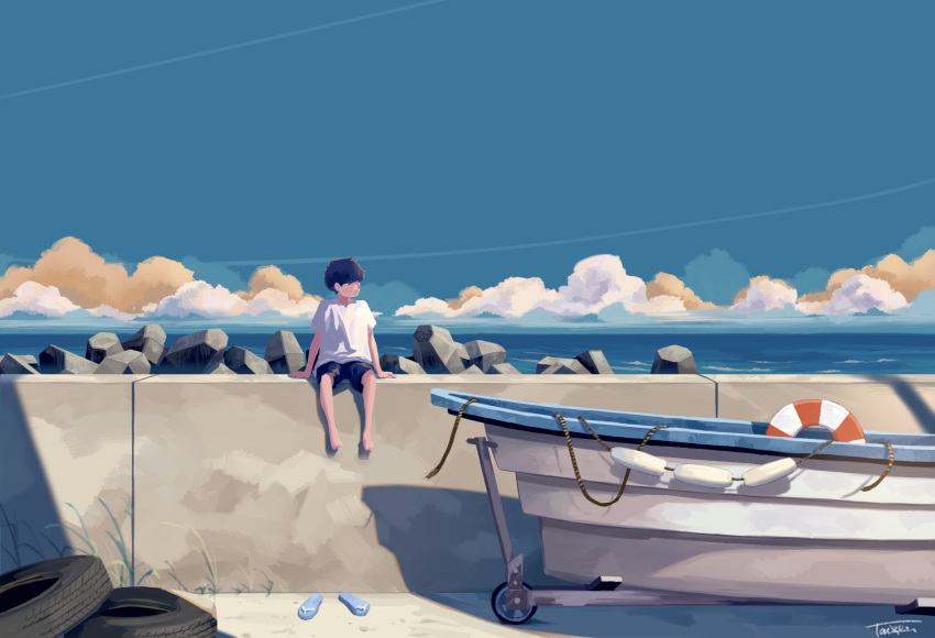 1boy arm_support black_hair black_shorts blue_footwear blue_sky boat clouds commentary_request contrail day flip-flops highres lifebuoy looking_to_the_side ocean original outdoors plant rock sandals sandals_removed scenery shirt short_hair short_sleeves shorts sitting sitting_on_wall sky solo stone_wall taizo4282 tire wall water watercraft white_shirt wide_shot
