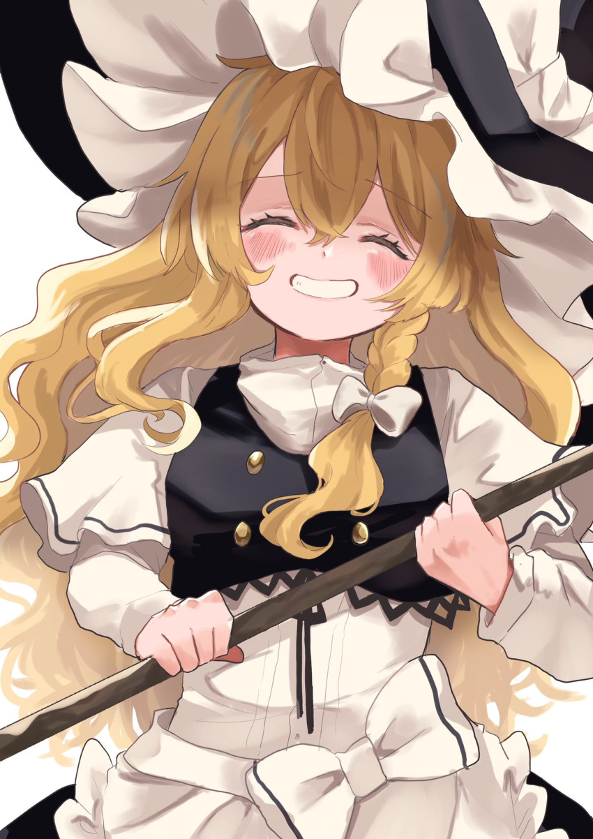 1girl apron black_skirt black_vest blonde_hair blush bow braid broom closed_eyes commentary_request hair_bow hat hat_bow highres holding holding_broom kirisame_marisa long_hair side_braid single_braid skirt smile solo touhou uchisaki_himari upper_body vest waist_apron white_background white_bow witch_hat