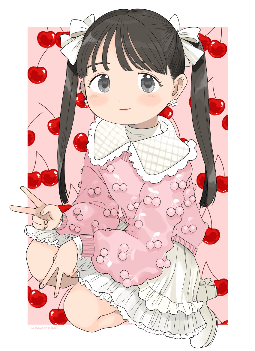 1girl absurdres artist_name black_eyes black_hair blush bow cherry commentary dress earrings food frilled_dress frills fruit fruit_background hair_bow highres jewelry looking_at_viewer nagomurasan original pink_background pink_sweater squatting sweater symbol-only_commentary twintails v white_bow white_dress