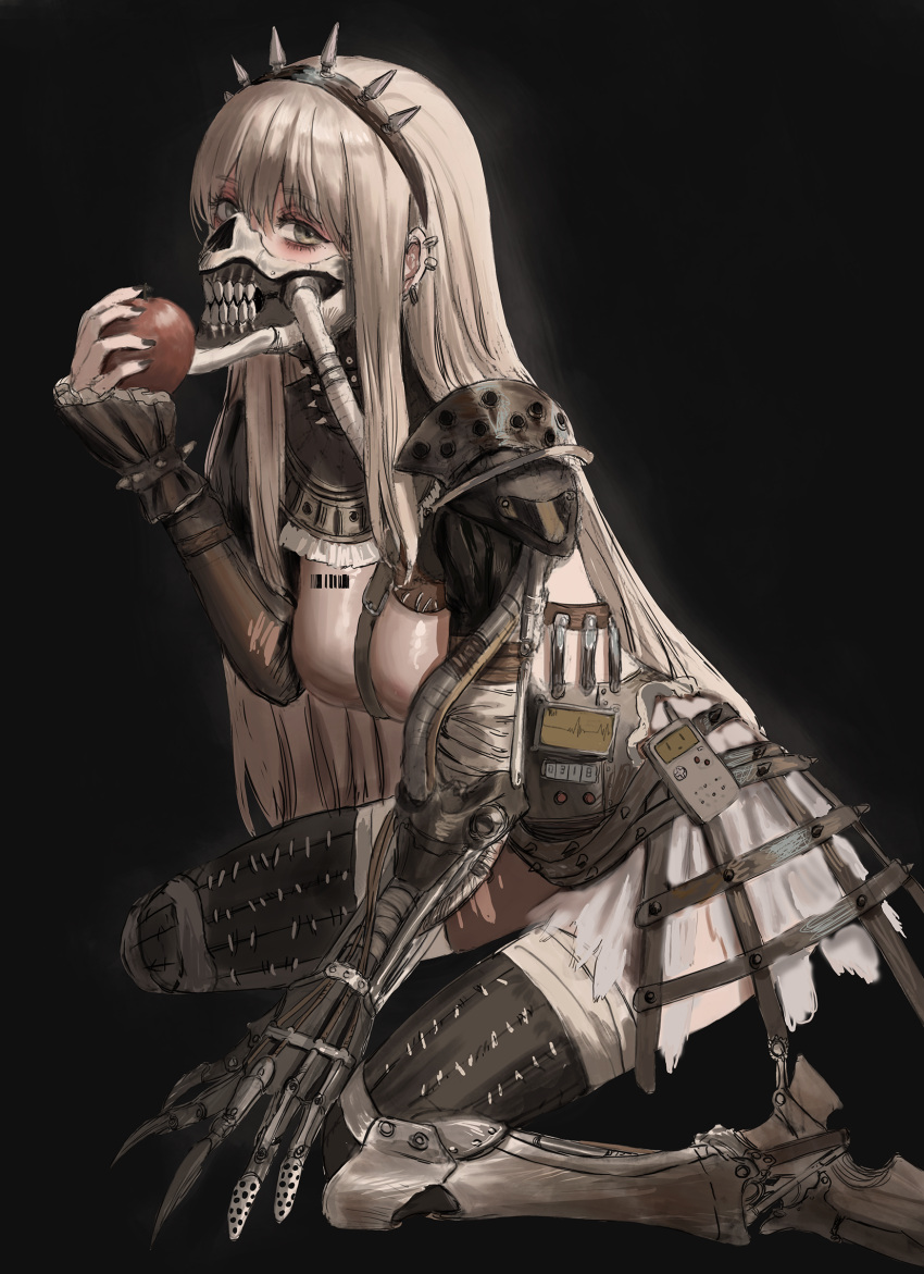 1girl apple armor bandaged_leg bandages barcode blonde_hair breasts earrings food foot_out_of_frame frilled_sleeves frills fruit gauntlets gold_can grey_eyes hairband highres holding holding_food holding_fruit jewelry leg_armor long_hair mask medium_breasts mouth_mask multiple_earrings ninja_mask original shoulder_armor single_gauntlet sitting solo torn_sleeve wariza
